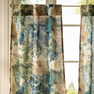 Judarn Printed Cotton Cafe Curtains, Set of 2 - 25" Wx36 L", Taupe/Blue Pattern